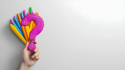 Hand Holding Pink Question Mark with Colorful Markers on White Background