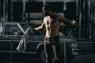 Gangster outdoor portrait. Gangster crime guy. Crime gang members. Crimes style. Man burglar. Angry...
