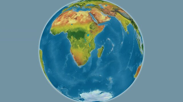 Mozambique on the globe. Outline. Topographic map. No labels