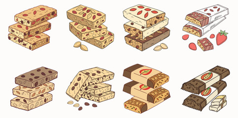 collection of Healthy and tasty granola bars Snacks, isolated on a white background, perfect for a quick snack, Cartoon granola bars. Healthy raw organic vegan muesli sweets with dried fruits and nuts