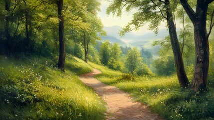 Obraz premium Sunlight-drenched forest path through verdant hills.