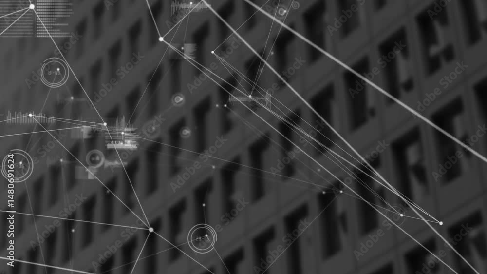 Poster flat design pattern showing network overlaying office facade, featuring circular nodes, bar charts