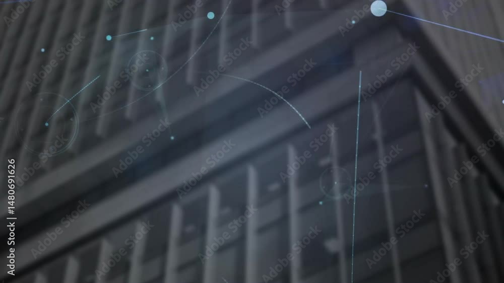 Poster building facade showcasing floating digital hud graphics moving across glass window grid in 3d