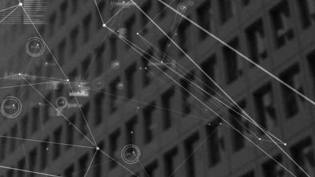 Flat design pattern showing network overlaying office facade, featuring circular nodes, bar charts