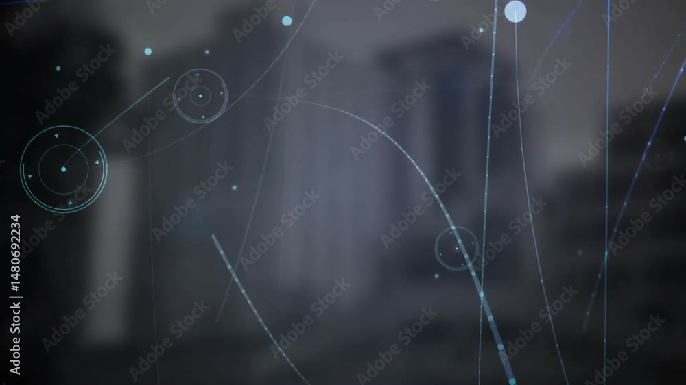Poster abstract network showing light-blue trajectory lines and glowing dots floating above urban skyline