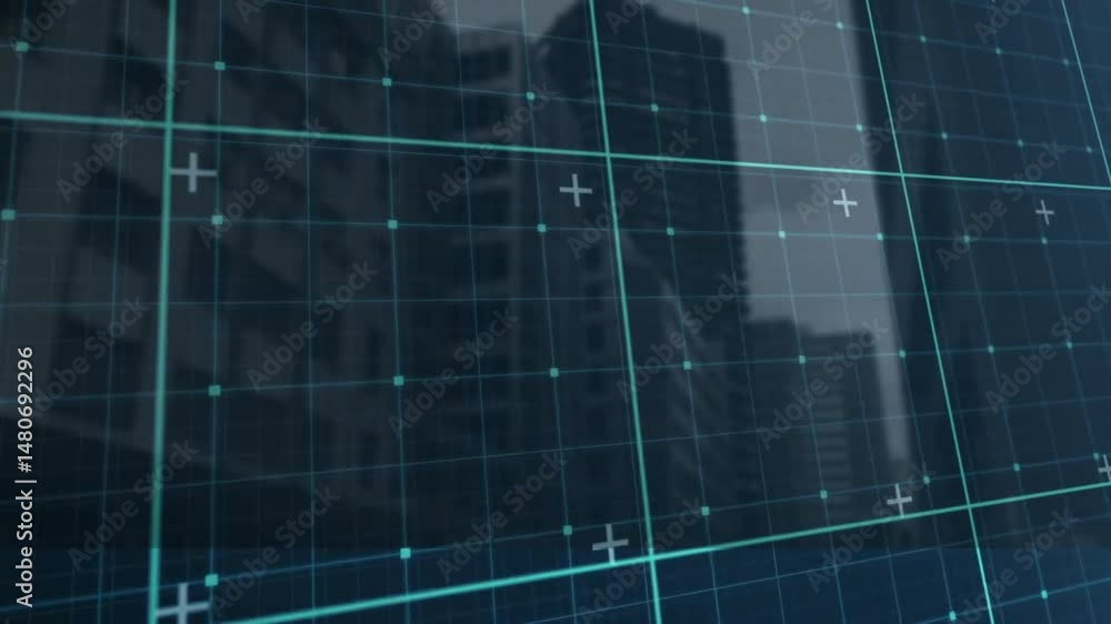 Poster digital wireframe overlaying urban skyline, showing teal grid lines with node points and plus signs