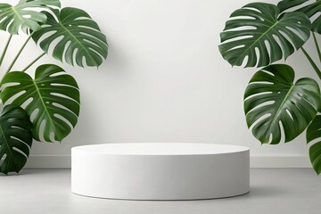 white isolated backround white podium nature monstera deliciesa leaves. its walpaper