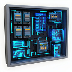 Embedded system IoT device automation. 3D clip art. IoT automation panel with embedded logic board in 3D design.