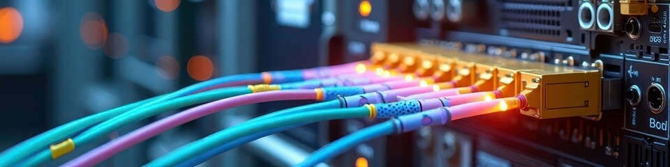 Close-up of fiber optic cables connected to network switch in data center