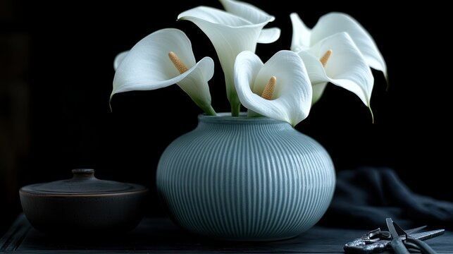 Elegant white Calla lilies in a muted blue vase