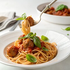 Spaghetti and meatballs in tomato sauce on a plate of Italian pasta