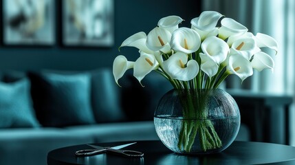Elegant white calla lilies in a glass vase, modern interior
