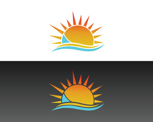 Sunrise above ocean waves vector template graphic design elements sun and sea logo for company identity