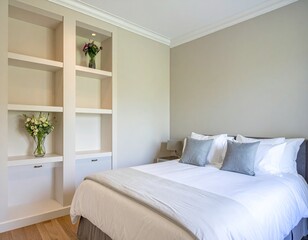 Elegant guest room with crisp white bedding, built-in shelves, fresh flowers in a vas 