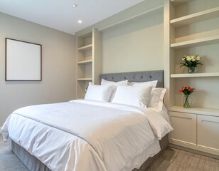 Elegant guest room with crisp white bedding, built-in shelves, fresh flowers in a vas 
