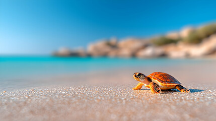 Baby Sea Turtle Crawling on Sandy Beach Towards Turquoise Ocean