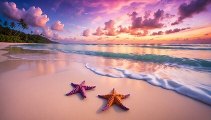 Starry night on the beach: Two sea stars close to the surf, with a twilight horizon and twinkling stars above.