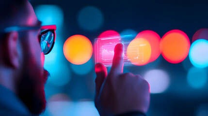 Man Interacting With Futuristic Transparent Screen at Night