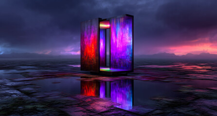 Abstract retro-futuristic Y2K background with glitch effects, vibrant neon lights, and Memphis geometric shapes. Ideal for design projects, music covers, wallpapers, and digital nostalgia advertising.