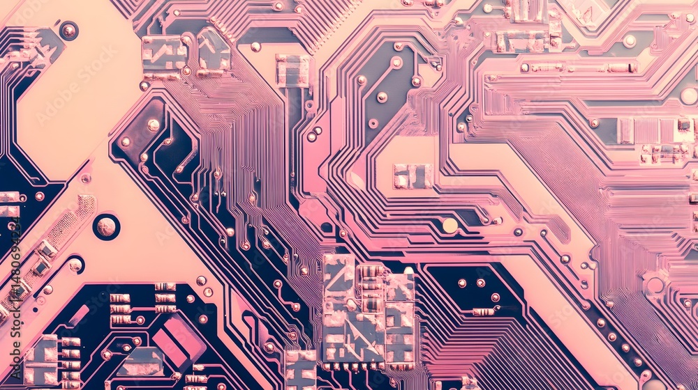 Poster close-up view of intricate pink and dark circuit board patterns.