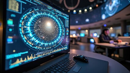Advanced space observatory control room with futuristic celestial data display