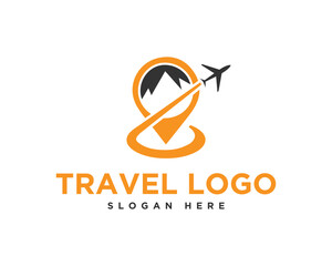 Creative travel agency vector template logo design featuring airplane mountain and location pin for tourism and adventure brand identity company