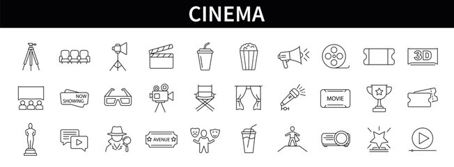 Cinema icons for web and mobile app. Containing movie making, filming, directing, acting, film screening, 3D glasses, popcorn, clapperboard, awards