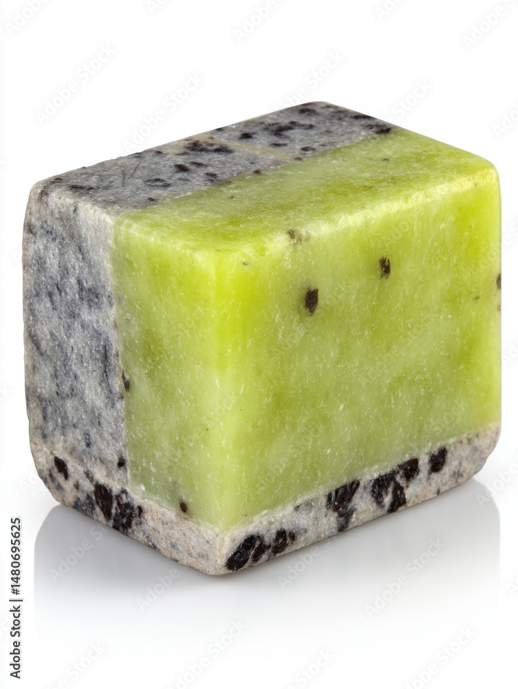 Poster close-up of a green and gray stone cube on white backdrop showing texture and detail in studio light