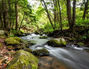 Fototapeta premium Quiet forest stream with smooth rocks, mossy banks, and soft water movement under