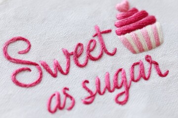 Embroidered text saying sweet as sugar with a pink cupcake illustration, showcasing intricate stitching details on a soft fabric background, perfect for culinary-themed designs