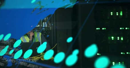 Male technician working at data center rack, showing floating code overlay and network cables - Powered by Adobe
