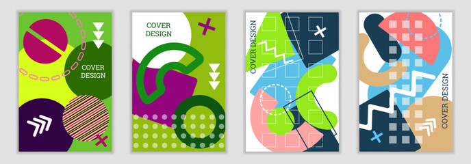 Bright background in Memphis style. Set of geometric cover designs. Fashionable bright cover, banner, poster, booklet. Bright colors. Vector
