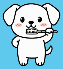 Simple color illustration of a cute puppy brushing its teeth.