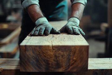 Carpenter Working with Large Wood Block
