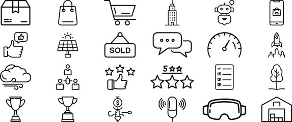 Business and Banking Line Icon Set, USA Concepts in Square Composition, Strategy, Finance, Marketing, and Conference