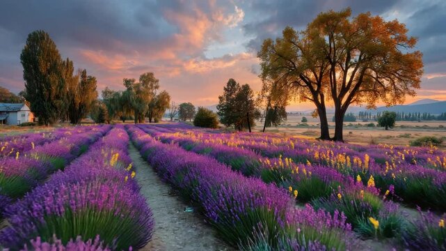 lavender field stretching to the horizon under vibrant purple sky, slow wind over flowers 