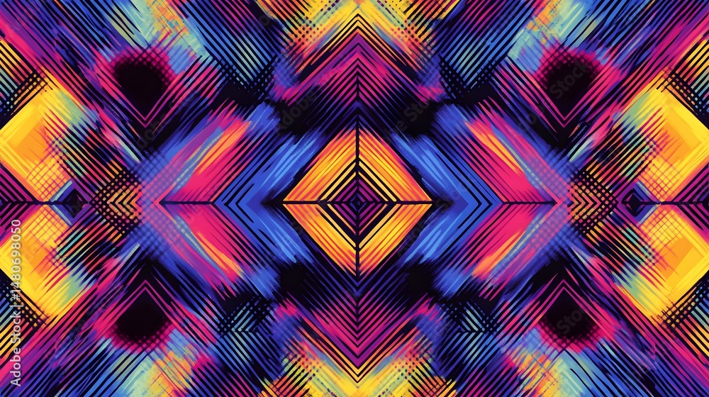 Poster abstract symmetrical pattern with vibrant colors and geometric shapes.