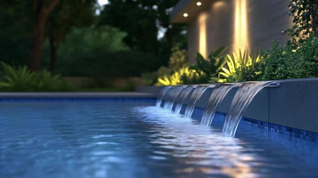 Swimming pool with waterfall feature in an outdoor space at dusk.
