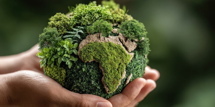 Global Stewardship: A close-up view of hands cradling a miniature, plant-covered Earth, representing environmental protection and the importance of ecological balance.