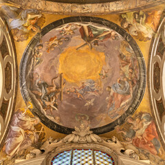 FLORENCE, ITALY - MARCH 19, 2025: The fresco of Holy Trinity and the saints (Catherine, Andrew...) - side chapel in church Basilica della Santissima Annunziata probably by Jacopo Vignali (1592 – 1664)