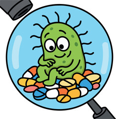  A bacterium under a microscope with tablets.
A green bacterium with eyes sits on a mountain of pills under a magnifying glass. Material for medicine, microbiology, antiseptics and treatment.