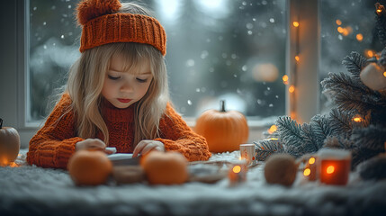 A toddler in an orange sweater sits by a window, enjoying the snowy winter view and surrounded by pumpkins, oranges, and warm lights