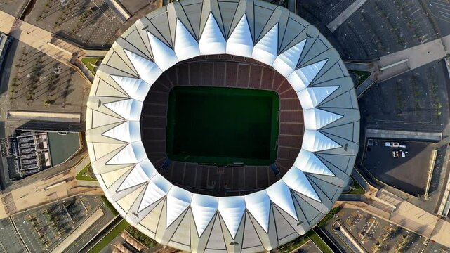 Jeddah, Saudi Arabia Mar 22 2025: King Abdullah Sport City Stadium known as Alinma Stadium and Jewel Stadium - Arial View 4k video