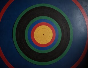 A vibrant archery target featuring concentric circles in black, red, green, blue, and yellow hues.