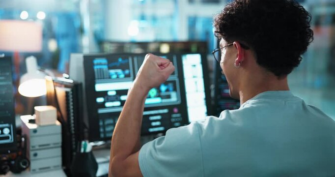 Success, back and coding with person and computer for software developer, programmer update or fist pump. High five, backend script and app approval with employee in agency for web design celebration