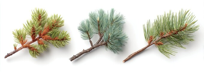 Three pine sprigs on a white background