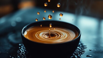 Hot liquid, drops, swirling, dark bowl, steam rising