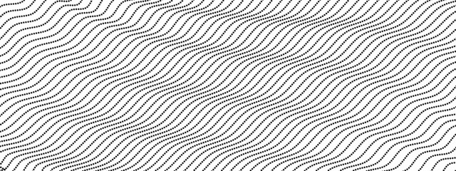 Abstract black dotted background of curving wavy lines. Deformed horizontal gray stripes. Vector dynamic composition of linear dot figure.