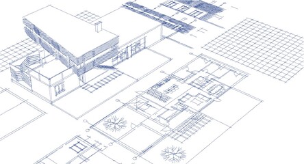  residential house plan sketch 3d illustration
