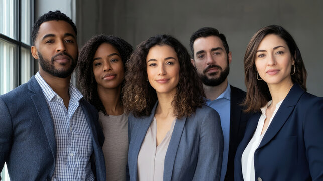 Five diverse professionals in business attire pose confidently together